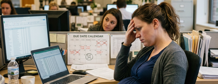 Pregnant woman sitting at office desk with hand on forehead looking stressed