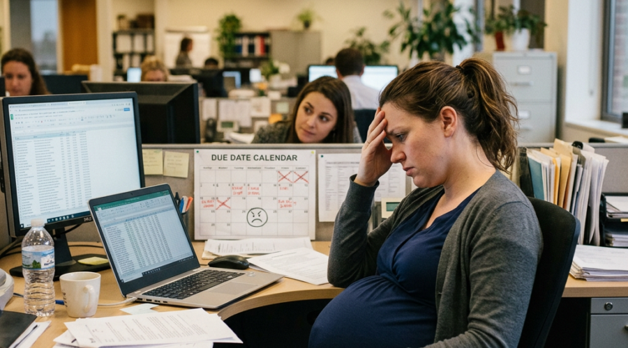 Pregnant woman sitting at office desk with hand on forehead looking stressed