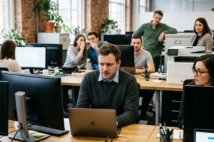 Group of people working and conversing in an open office with computers