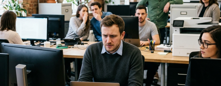 Group of people working and conversing in an open office with computers