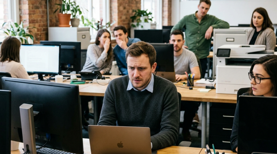 Group of people working and conversing in an open office with computers