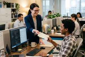 Manager handing paycheck to seated employee at office desk
