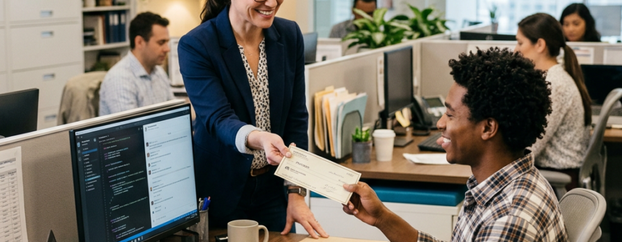 Manager handing paycheck to seated employee at office desk