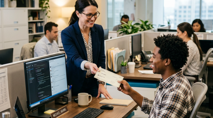 Manager handing paycheck to seated employee at office desk